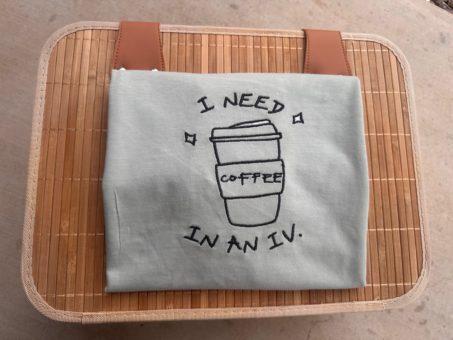 Comfort Colors Coffee Shirt – Embroidered “I Need Coffee in an IV” Tee, Funny Coffee Lover Gift, Caffeine Addict Embroidery T-Shirt